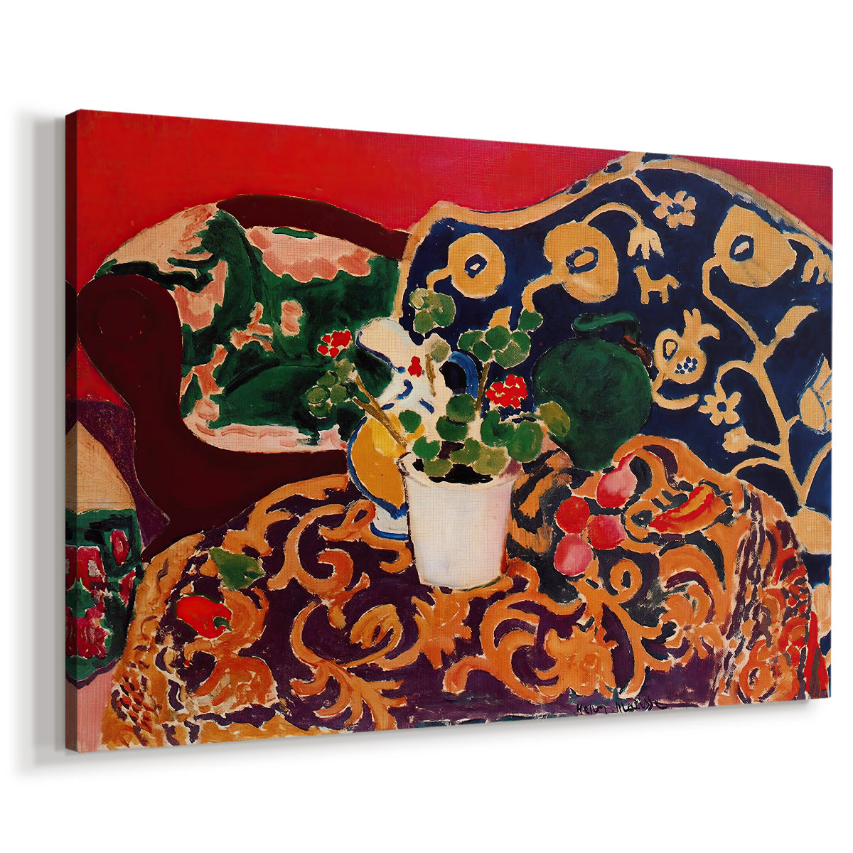 Canvas art print featuring an expressive tabletop arrangement with food and ceramics, displayed at an angle