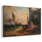 Canvas art print featuring a coastal family scene with maritime activity, displayed at an angle