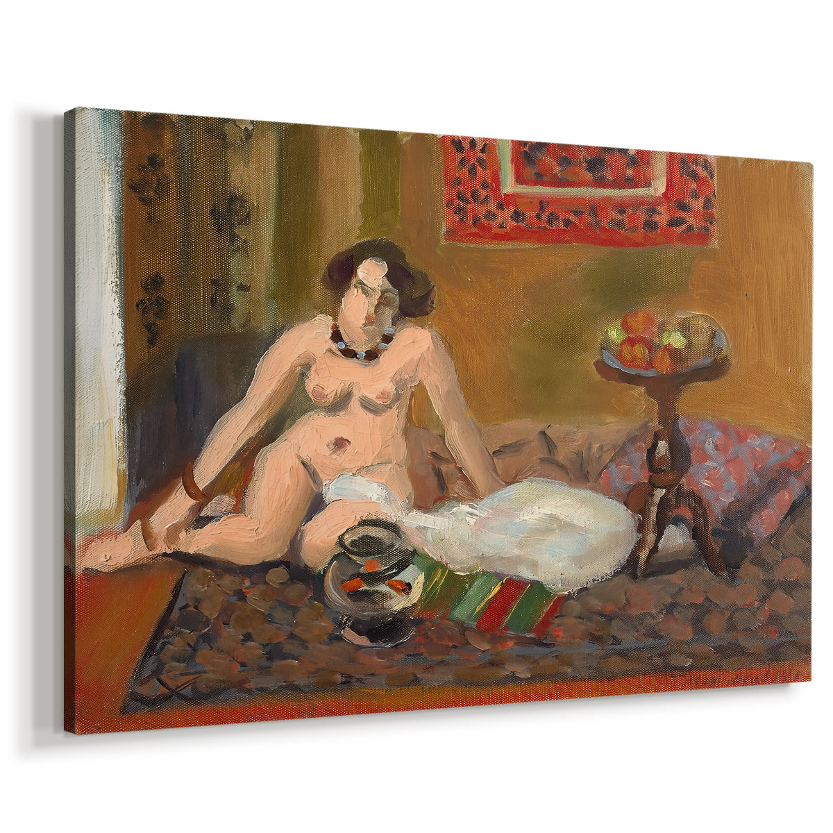 Canvas art print featuring a Fauvist scene with female figure and decorative objects, displayed at an angle