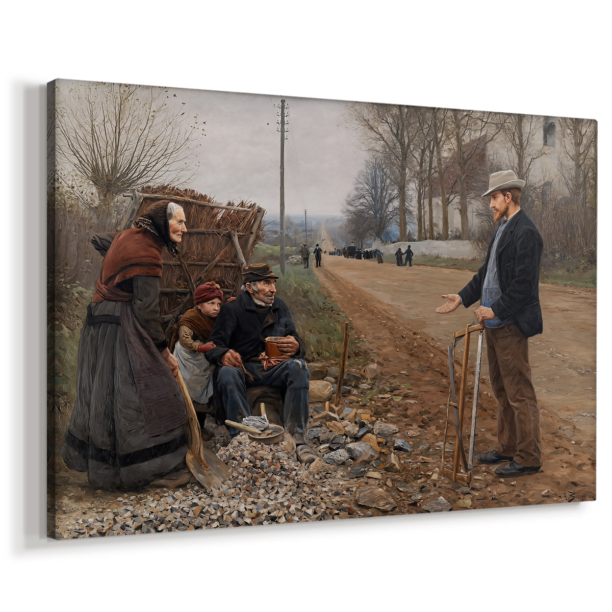 Canvas art print featuring a countryside scene with figures standing beside path, displayed at an angle