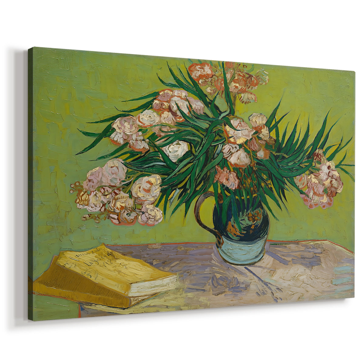Canvas art print featuring an expressive floral composition with objects arranged on table, displayed at an angle