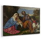 Canvas art print featuring a religious scene with seated figures and child in pastoral environment, displayed at an angle
