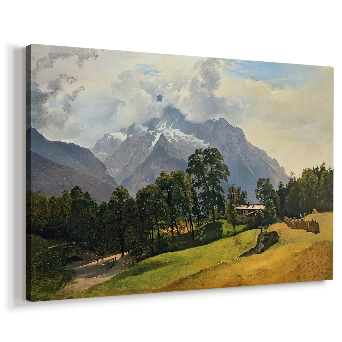 Canvas art print featuring an expansive mountain scene with rugged terrain, displayed at an angle