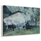 Canvas art print featuring an impressionist railway scene with locomotives and haze, displayed at an angle