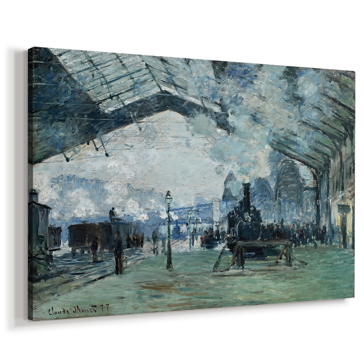 Canvas art print featuring an impressionist railway scene with locomotives and haze, displayed at an angle