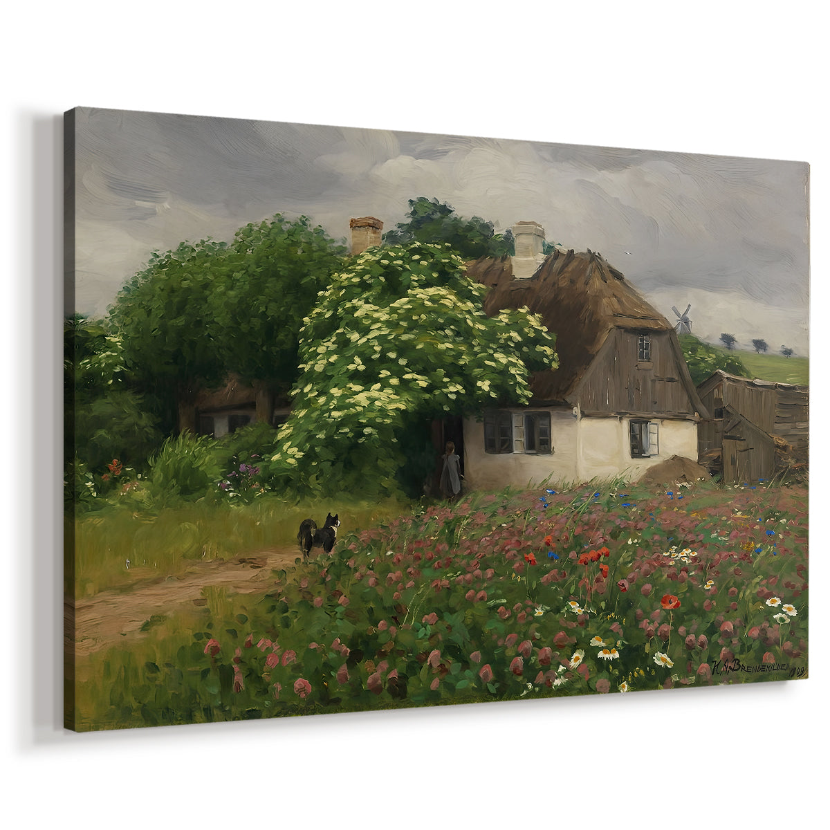 Canvas art print featuring a rural home set within blooming countryside landscape, displayed at an angle