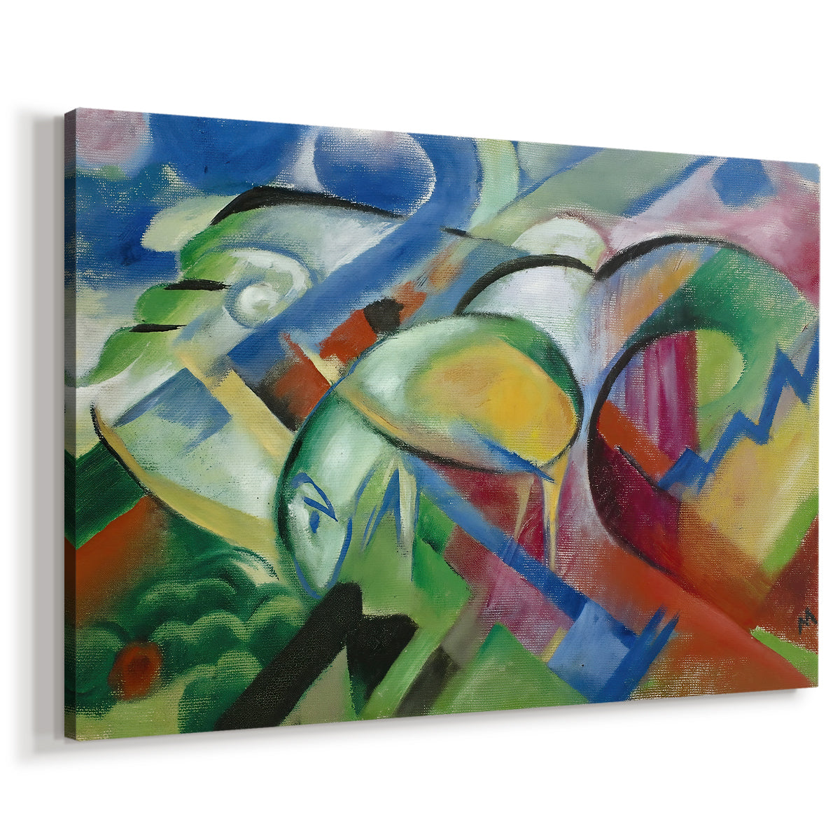 Canvas art print featuring stylized animals depicted with bold color blocks and shapes, displayed at an angle