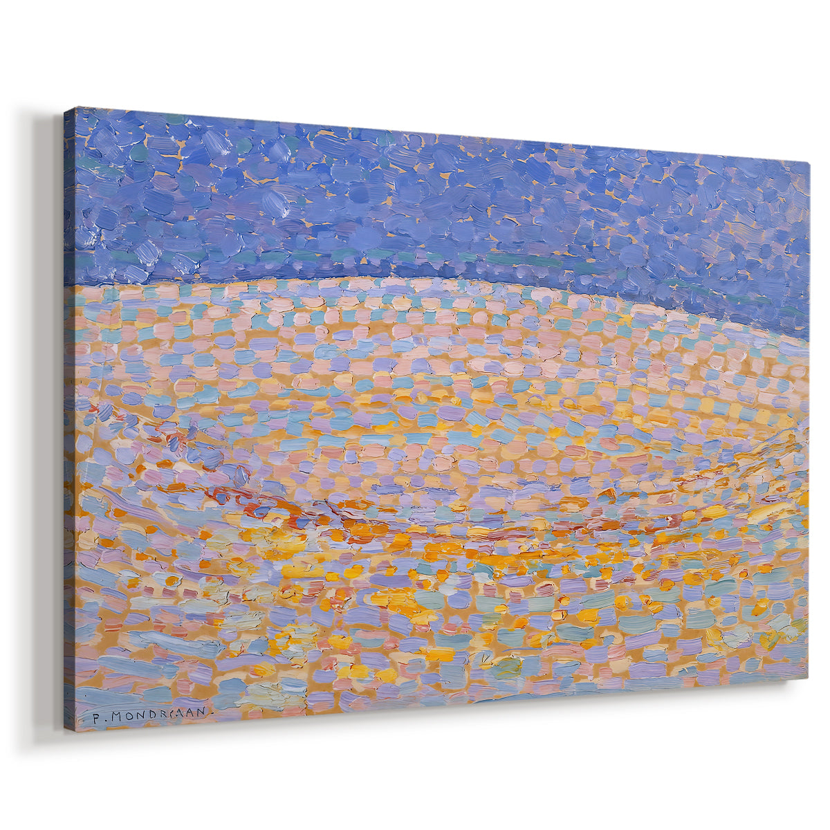 Canvas art print featuring a pointillist-inspired abstraction, displayed at an angle