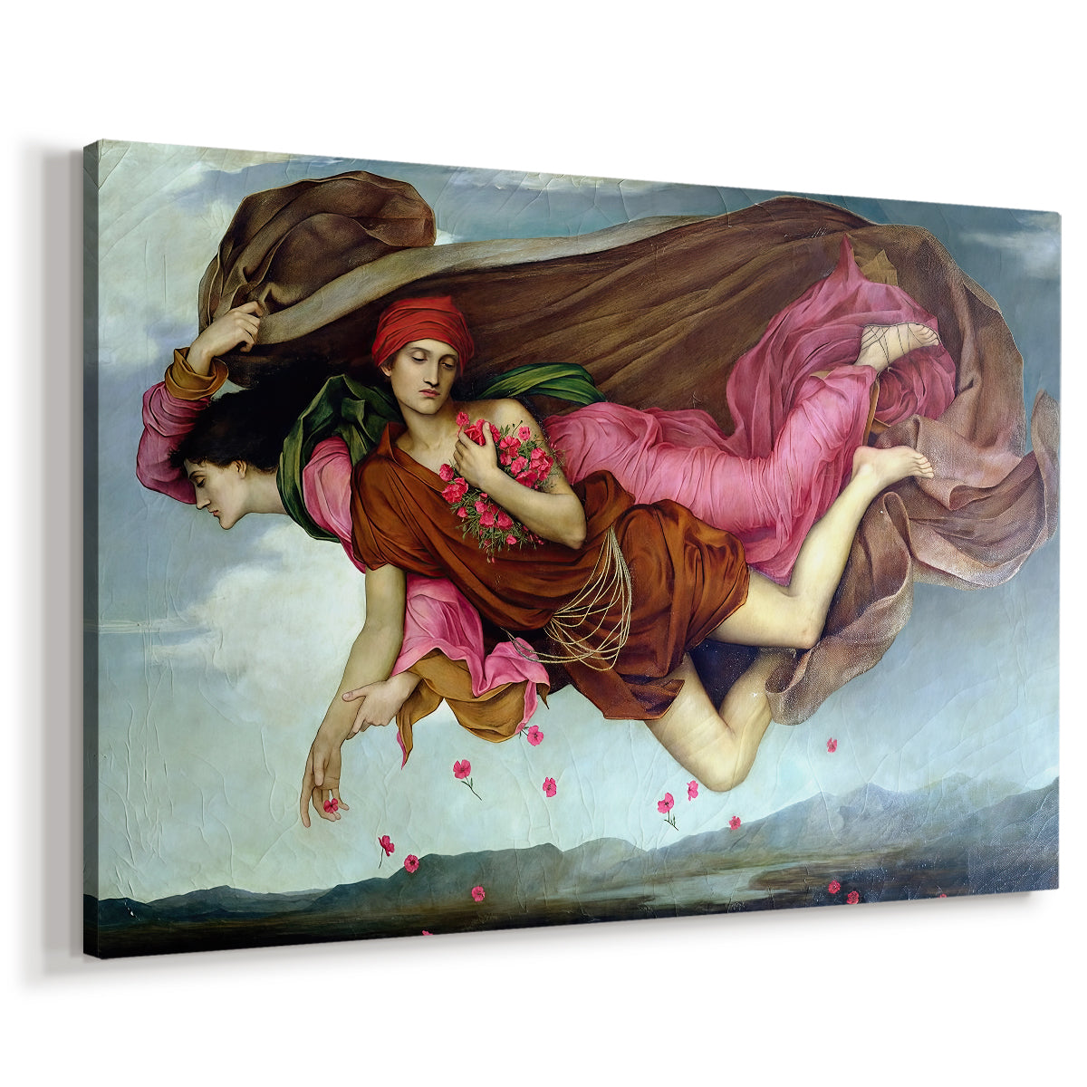 Canvas art print featuring a symbolic depiction of night and sleep as ethereal figures in motion, displayed at an angle
