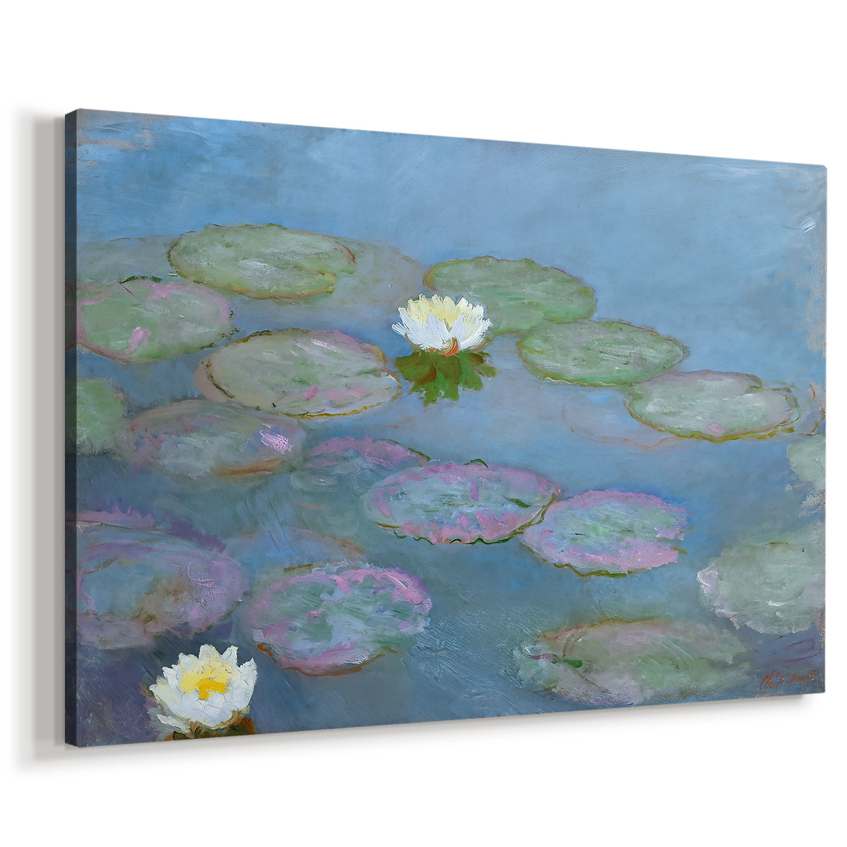 Canvas art print featuring an impressionist pond scene with lily pads and soft reflections, displayed at an angle
