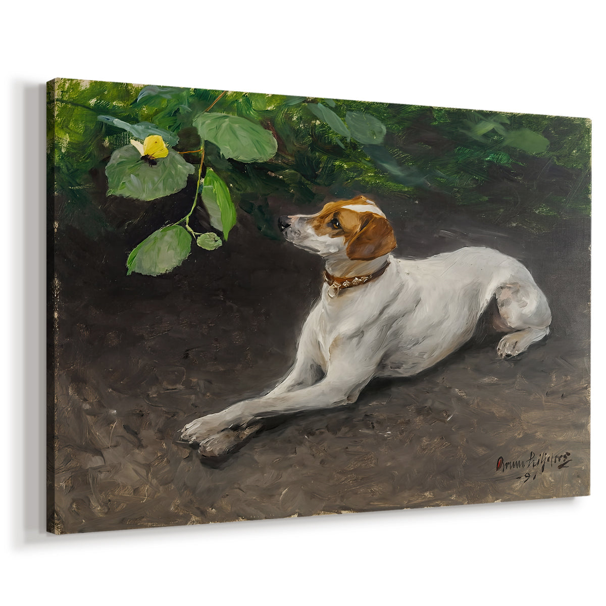 Canvas art print featuring a realistic portrait of a resting dog with attentive expression, displayed at an angle