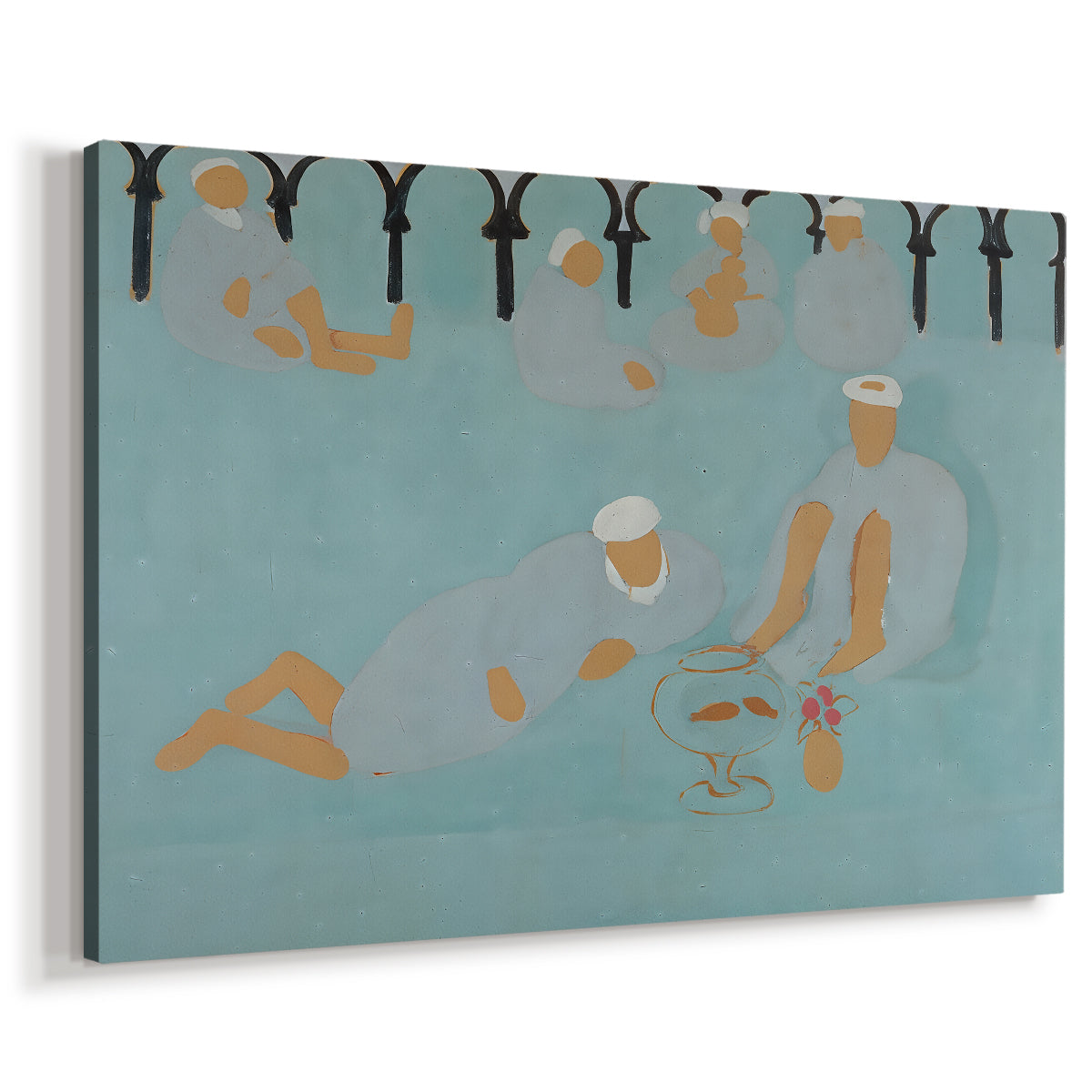 Canvas art print featuring an expressive depiction of people gathered in cafÃ© setting, displayed at an angle
