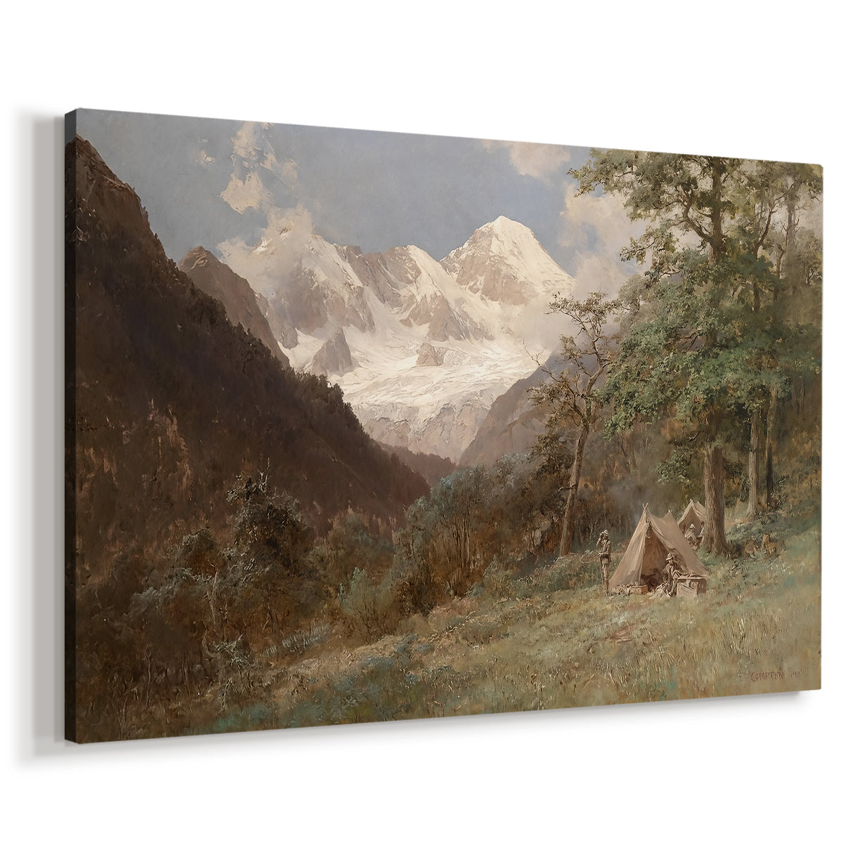 Canvas art print featuring an expansive view of Caucasus mountains under open sky, displayed at an angle