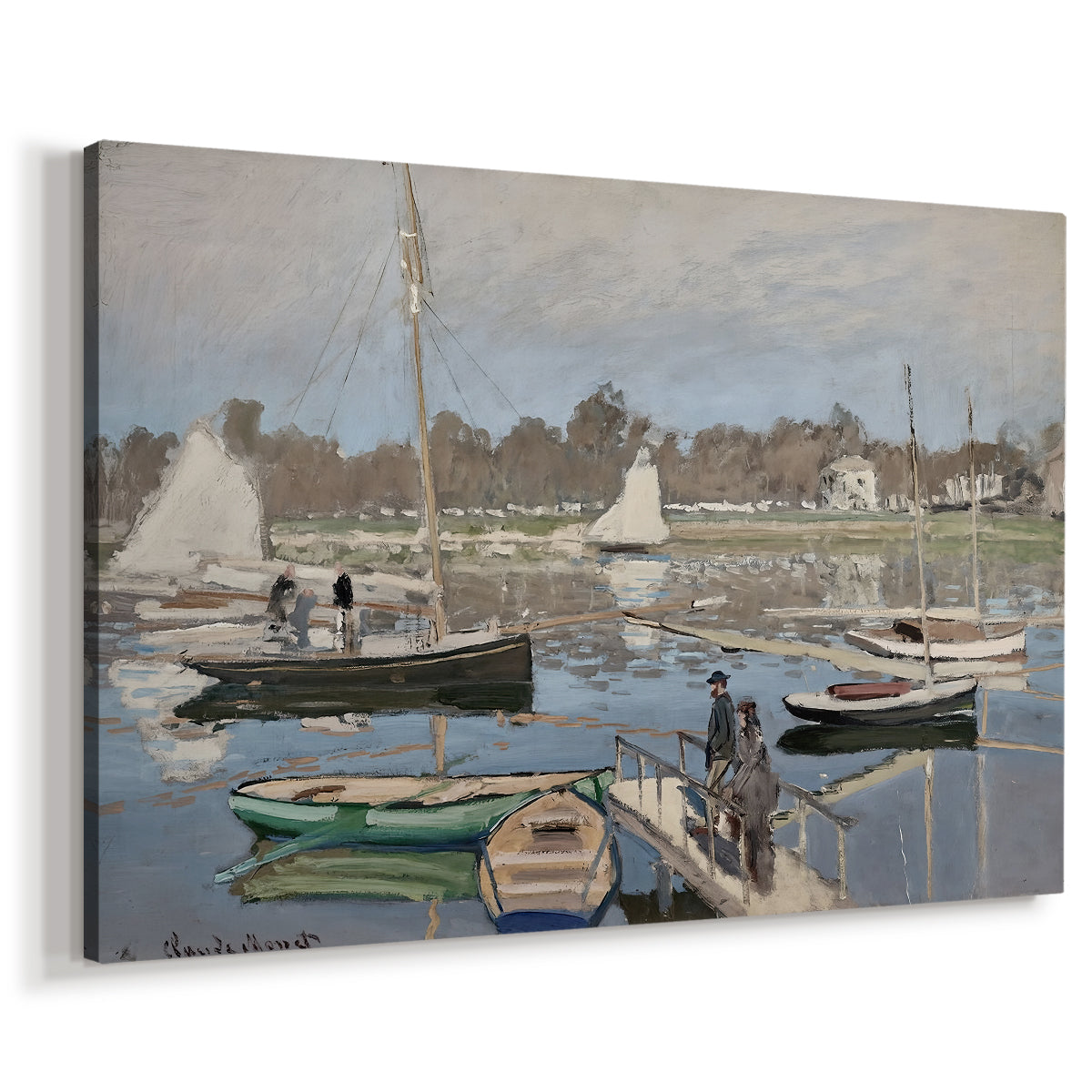 Canvas art print featuring an impressionist boating scene with clustered masts and gentle ripples, displayed at an angle