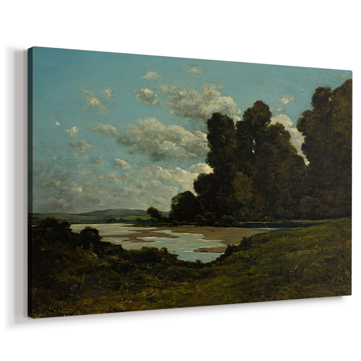 Canvas art print featuring a scenic river view with architecture and water reflections, displayed at an angle
