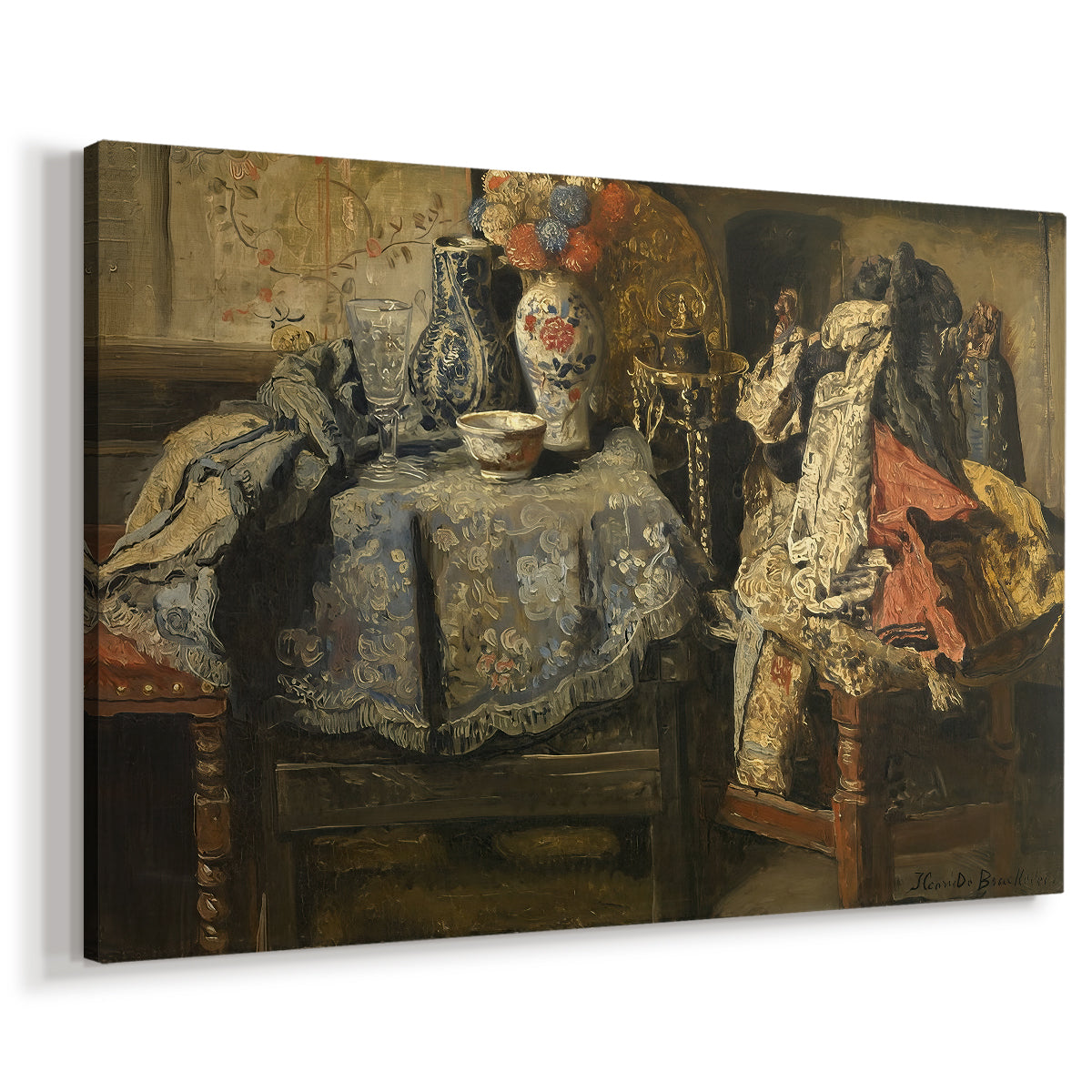 Canvas art print featuring a collection of tools and items displayed in interior setting, displayed at an angle