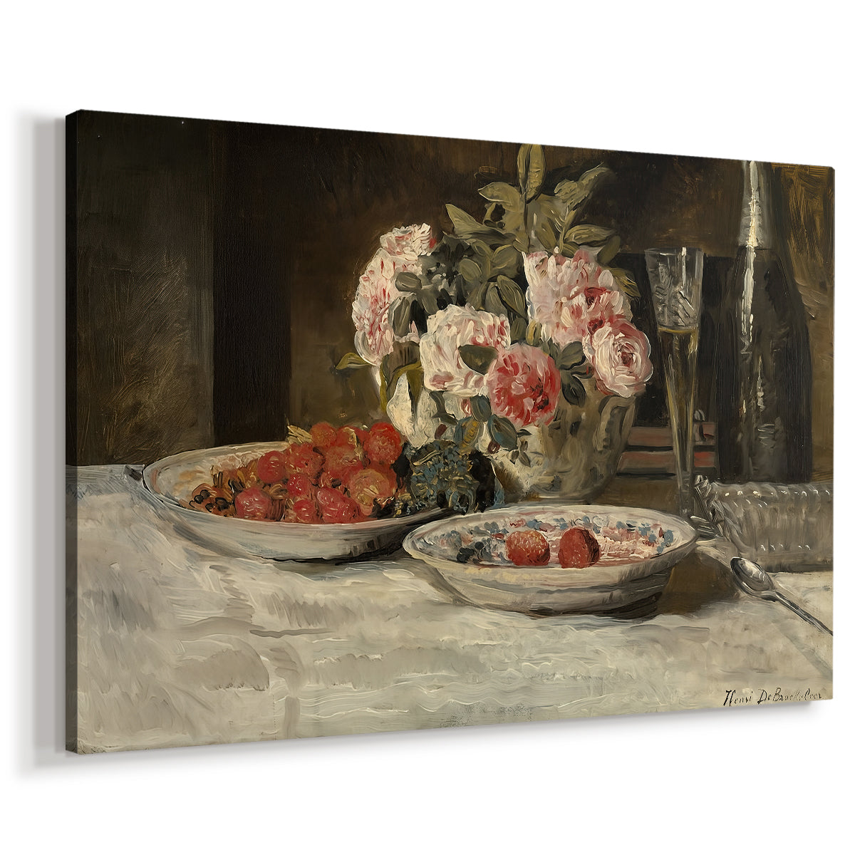 Canvas art print featuring a food still life featuring fruit and drink in elegant composition, displayed at an angle