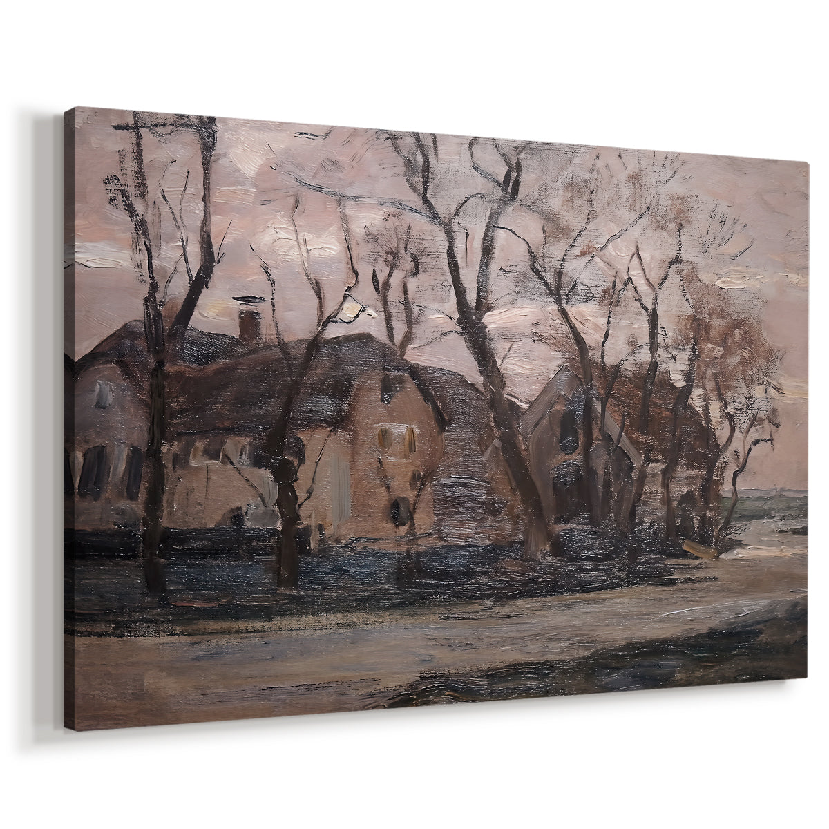 Canvas art print featuring a transitional landscape with soft tones and simplified forms, displayed at an angle