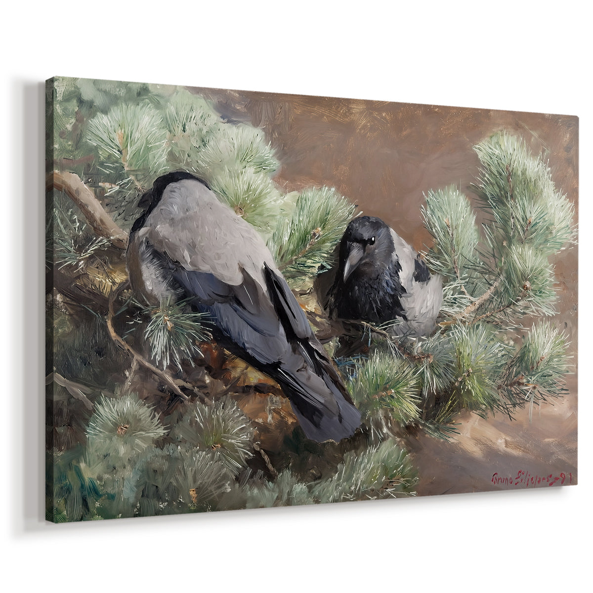 Canvas art print featuring birds standing alert in natural field environment, displayed at an angle