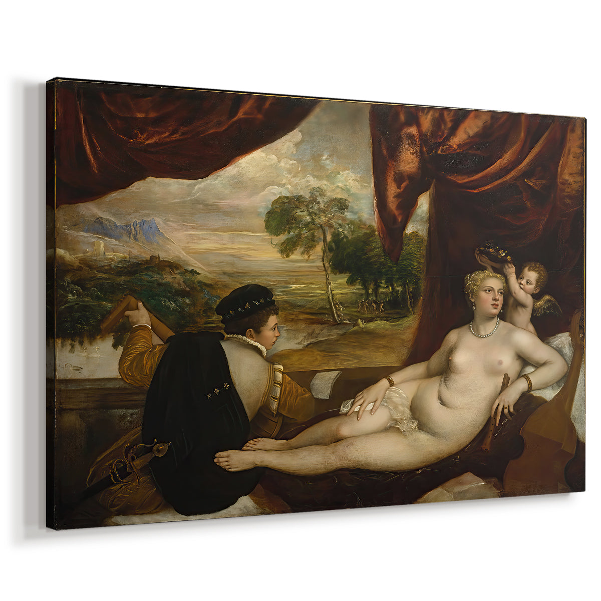 Canvas art print featuring a mythological figure scene with musician beside Venus, displayed at an angle