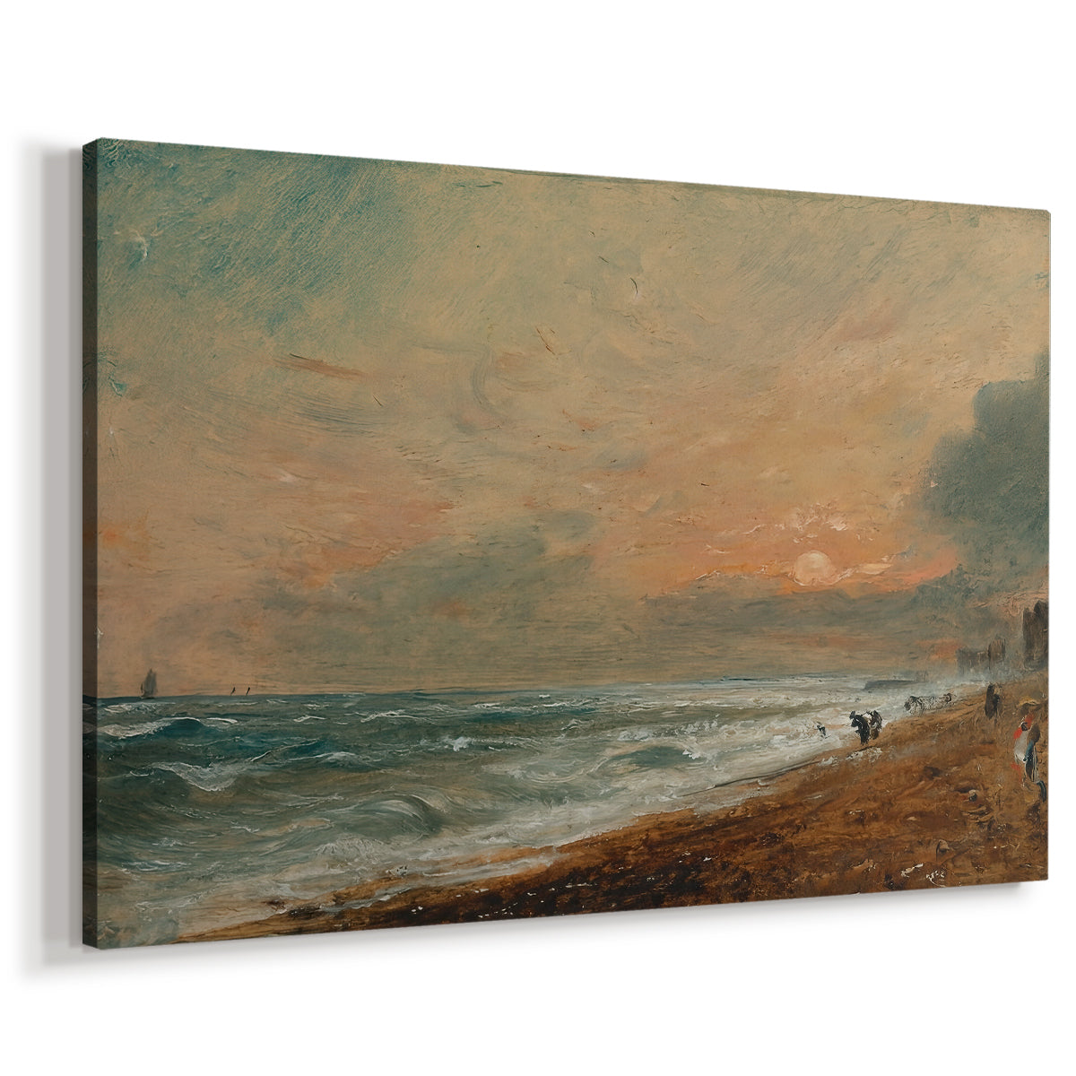 Canvas art print featuring a seaside scene with water meeting sandy shore, displayed at an angle