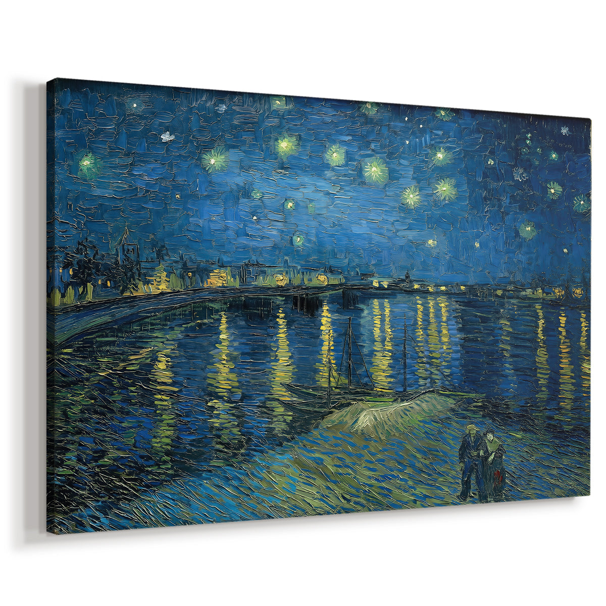 Canvas art print featuring an expressive nocturnal landscape with water and city lights, displayed at an angle