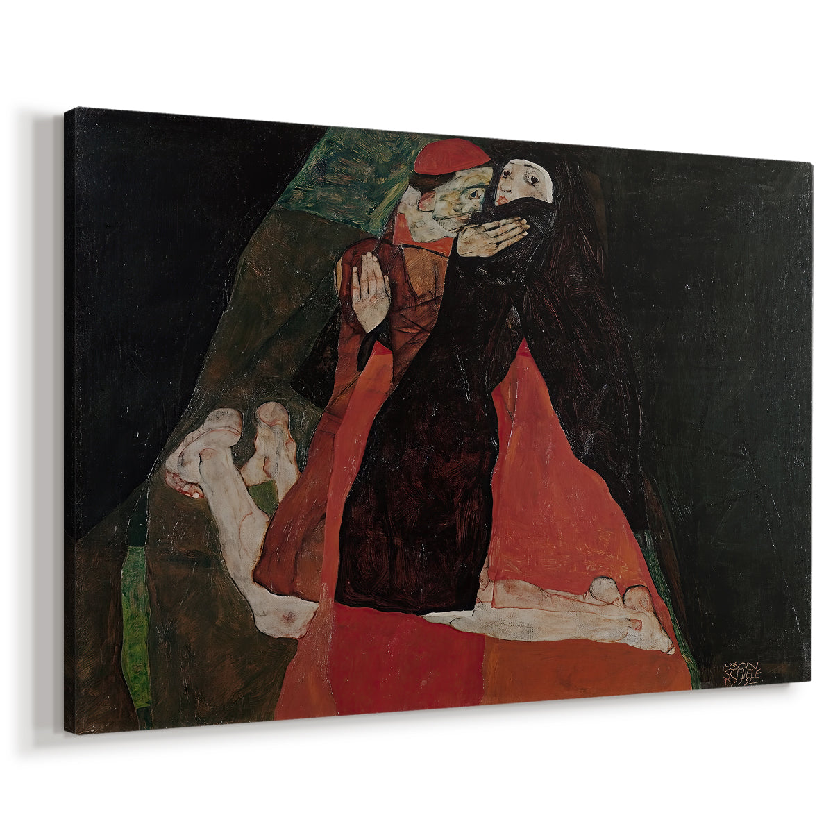 Canvas art print featuring a cardinal and nun depicted in close emotional interaction, displayed at an angle