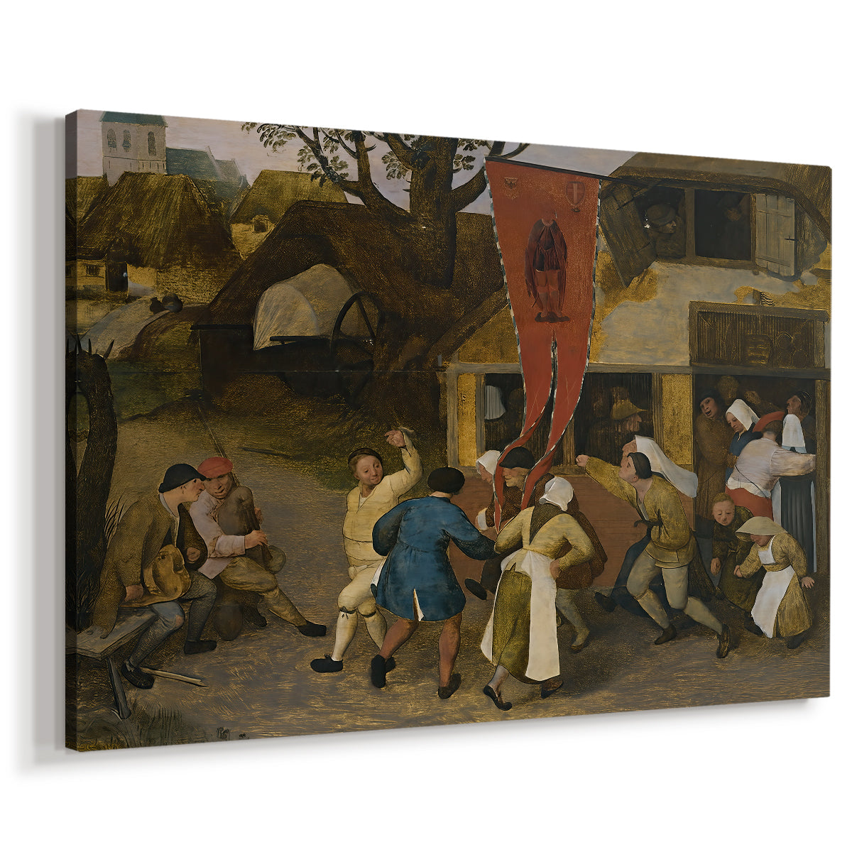 Canvas art print featuring a rustic festive gathering in a village, displayed at an angle