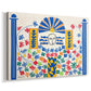 Canvas art print featuring a colorful abstract scene with bold shapes and symbolic forms, displayed at an angle
