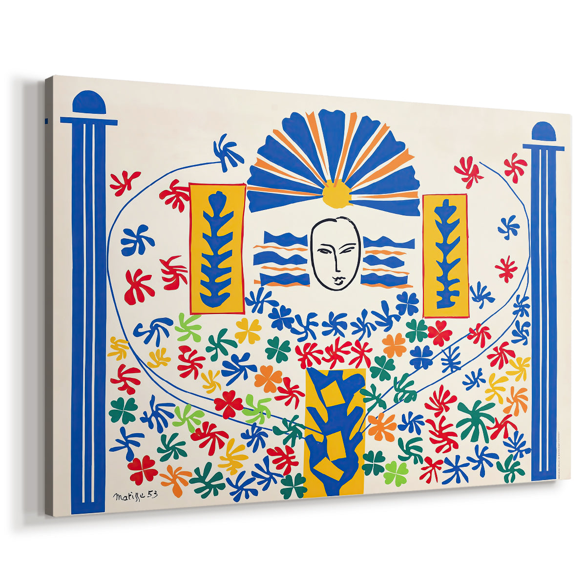 Canvas art print featuring a colorful abstract scene with bold shapes and symbolic forms, displayed at an angle