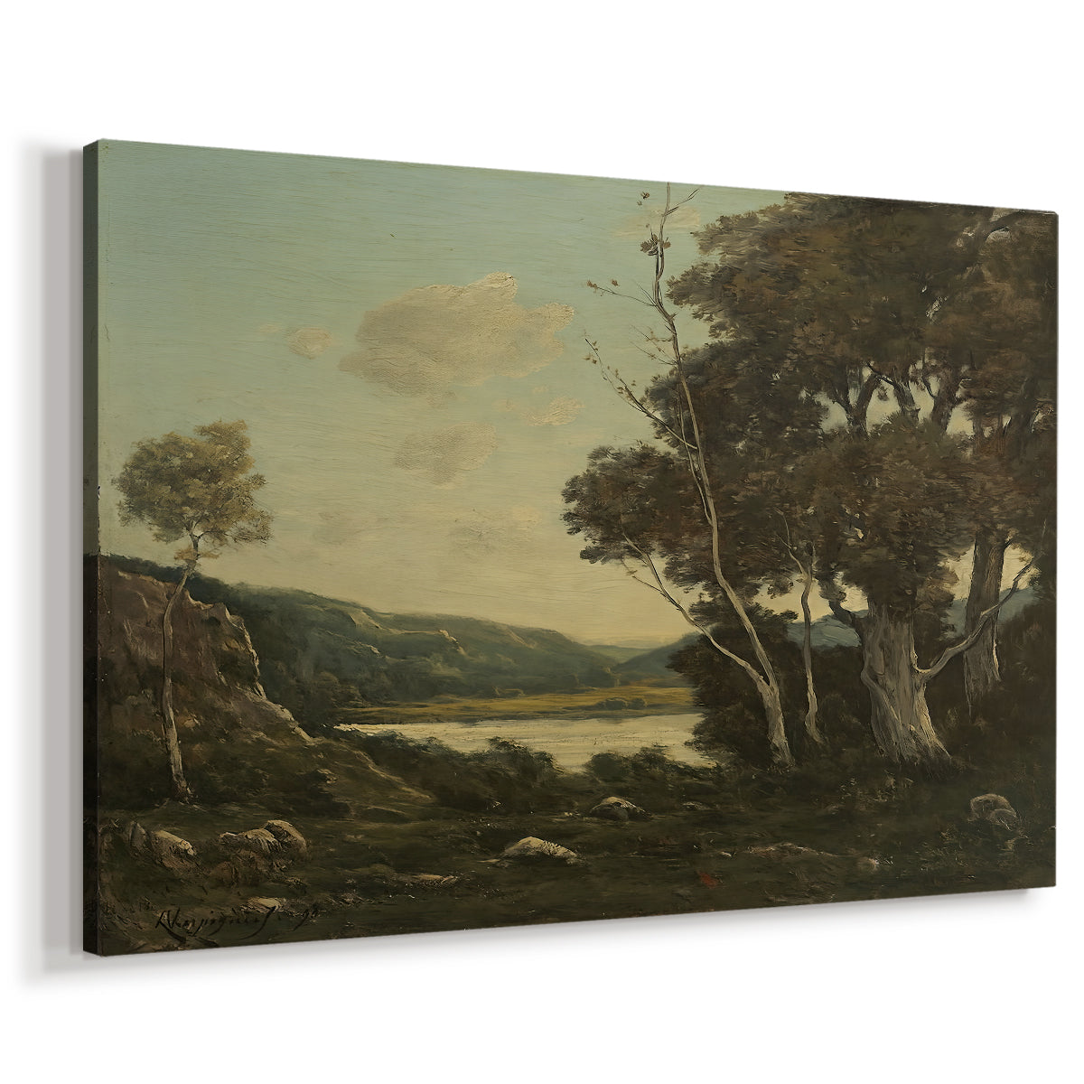 Canvas art print featuring a pastoral scene with natural terrain and gentle light, displayed at an angle