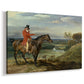 Canvas art print featuring a detailed hunting scene with rider and pack of dogs, displayed at an angle