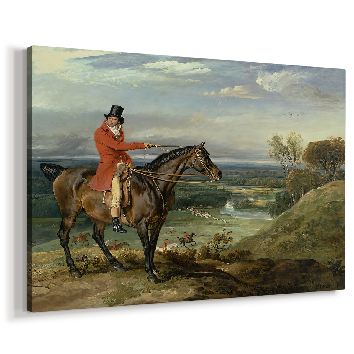 Canvas art print featuring a detailed hunting scene with rider and pack of dogs, displayed at an angle