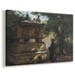 Canvas art print featuring a religious figure observing carved tomb in dim interior, displayed at an angle