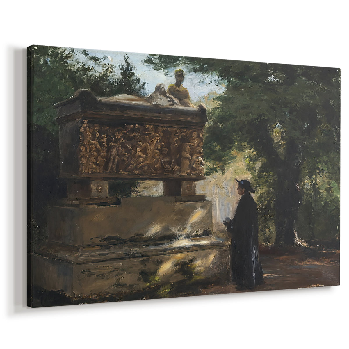 Canvas art print featuring a religious figure observing carved tomb in dim interior, displayed at an angle