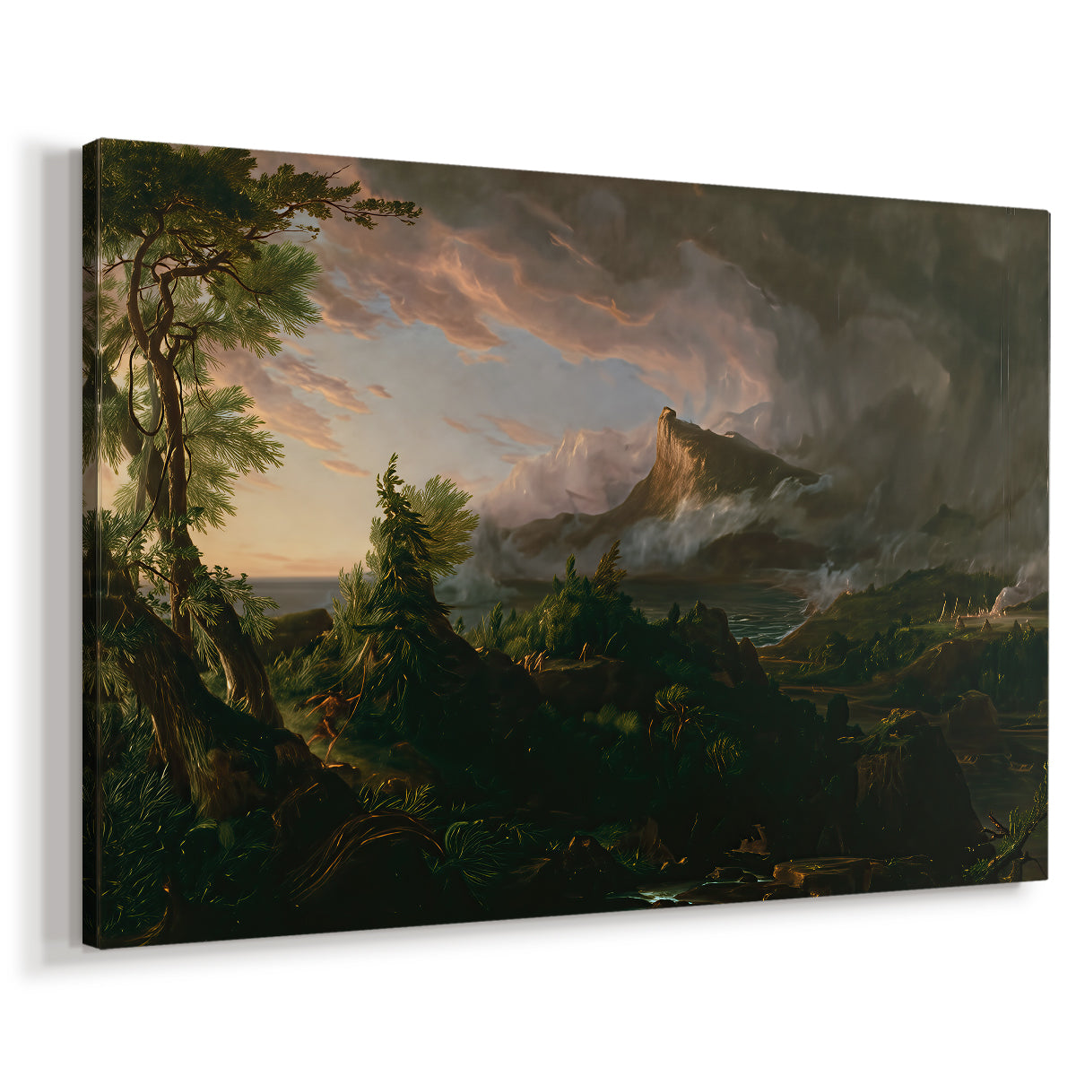 Canvas art print featuring an early civilization scene set within dense natural environment, displayed at an angle