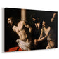 Canvas art print featuring a dramatic religious scene of Christ enduring flagellation in dark interior, displayed at an angle
