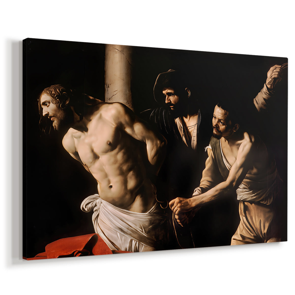 Canvas art print featuring a dramatic religious scene of Christ enduring flagellation in dark interior, displayed at an angle