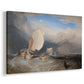 Canvas art print featuring a maritime scene with boats and people gathered along shoreline, displayed at an angle