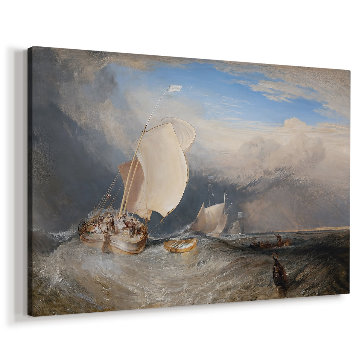Canvas art print featuring a maritime scene with boats and people gathered along shoreline, displayed at an angle