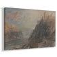 Canvas art print featuring a scenic view of structures overlooking river, displayed at an angle
