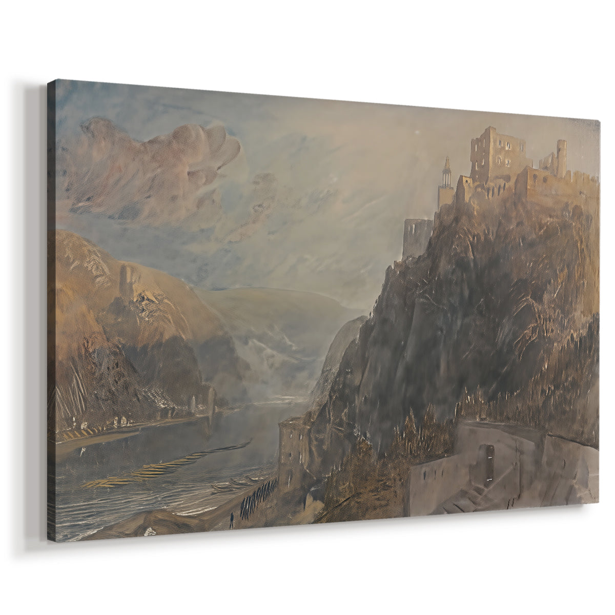 Canvas art print featuring a scenic view of structures overlooking river, displayed at an angle