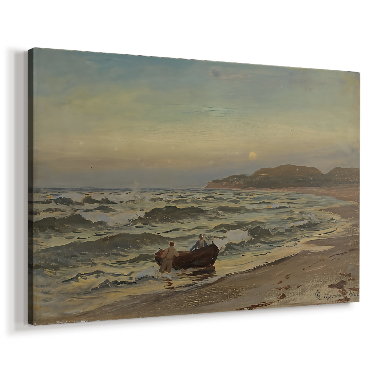 Canvas art print featuring a turbulent sea with strong wind and rough water near shoreline, displayed at an angle