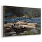 Canvas art print featuring an inland water scene with gentle current and surrounding land, displayed at an angle