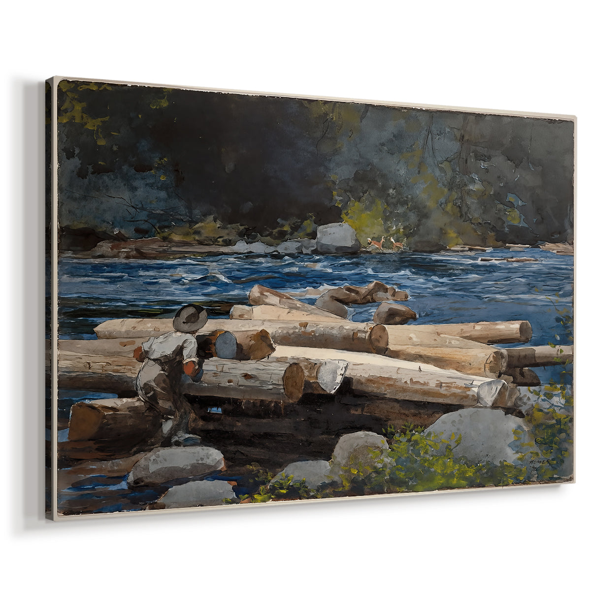 Canvas art print featuring an inland water scene with gentle current and surrounding land, displayed at an angle