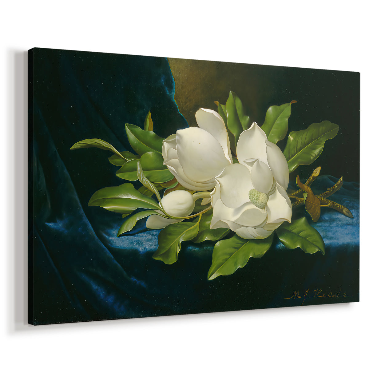 Canvas art print featuring a floral still life with multiple blossoms, displayed at an angle