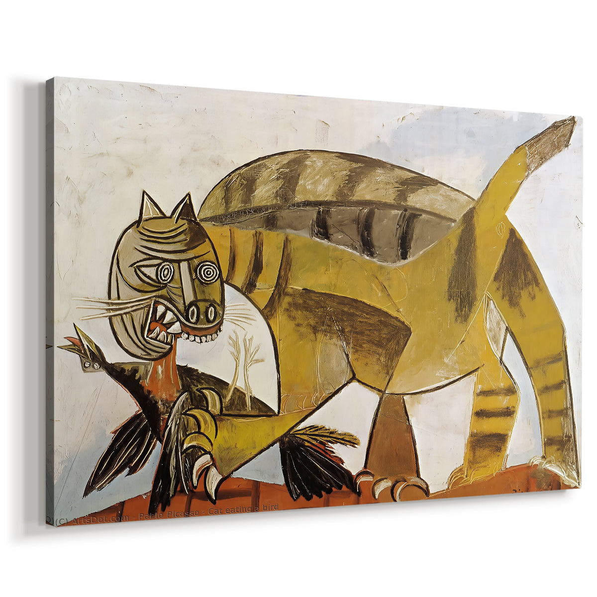 Canvas art print featuring a surreal animal scene depicting predator and prey interaction, displayed at an angle
