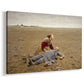 Canvas art print featuring an emotional scene of person lying down in field after labor, displayed at an angle