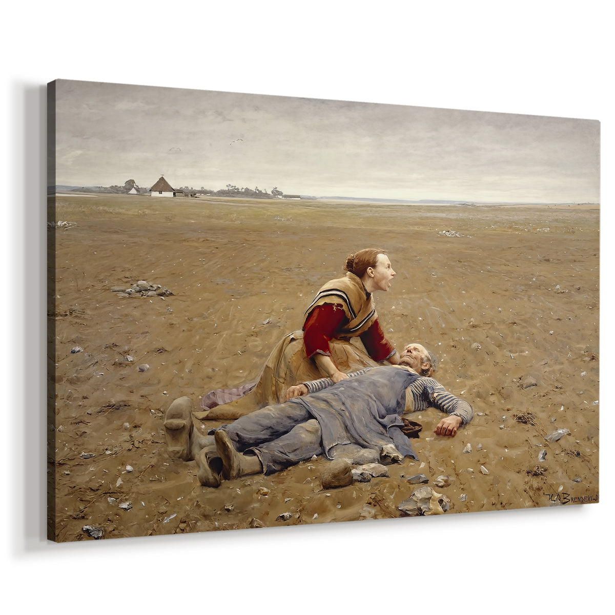 Canvas art print featuring an emotional scene of person lying down in field after labor, displayed at an angle