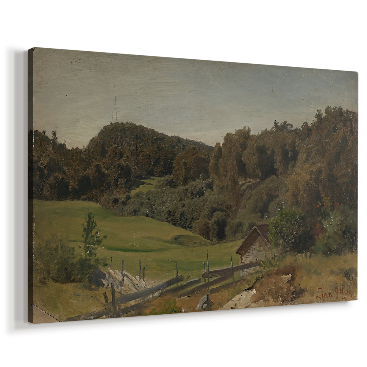 Canvas art print featuring a pastoral countryside with greenery and gentle terrain, displayed at an angle